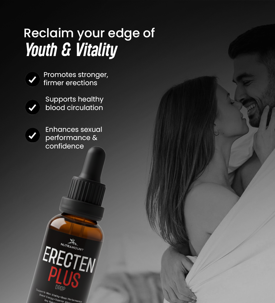 Promotional graphic for Nutramount Erecten Plus Drop showing an intimate couple alongside benefits for performance, circulation, and vitality.