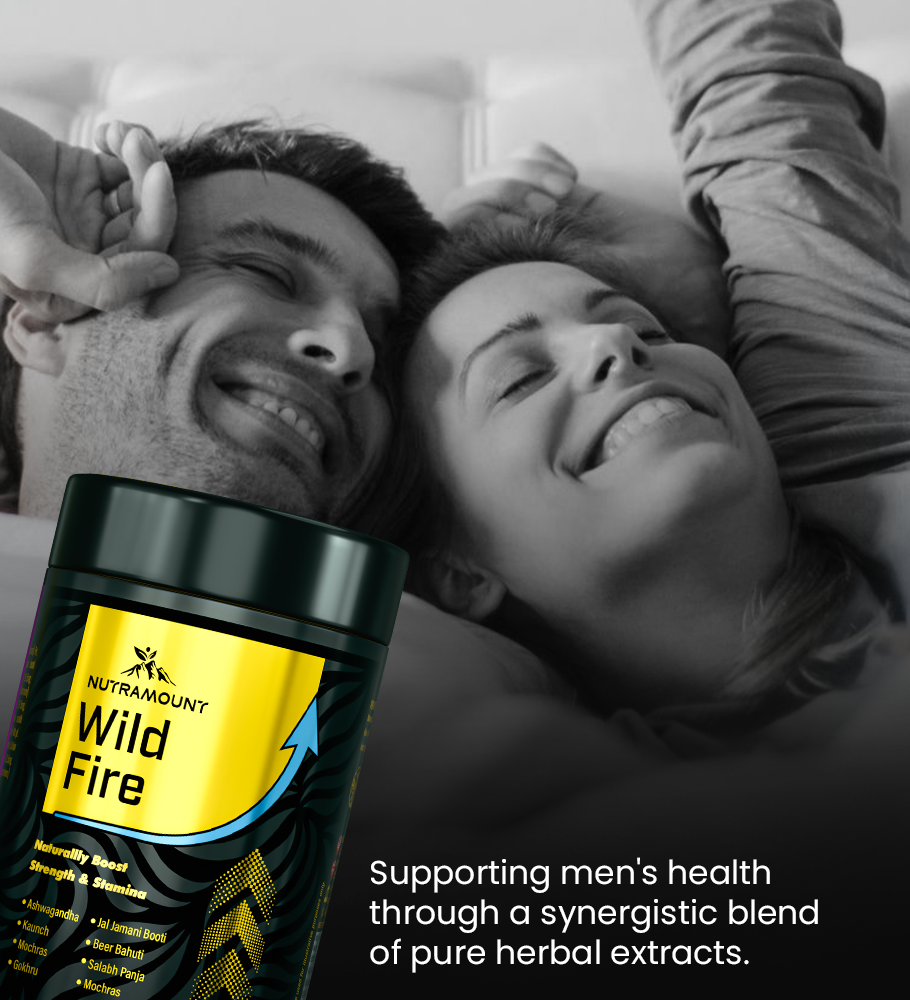 Promotional image for Nutramount Wild Fire showing a happy couple in bed, positioned next to a supplement jar that highlights a synergistic blend of pure herbal extracts for men's health.