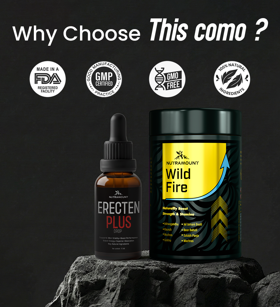 Promotional graphic for Nutramount Wild Fire and Erecten Plus supplements with quality certification icons for FDA, GMP, GMO-Free, and 100% natural ingredients.