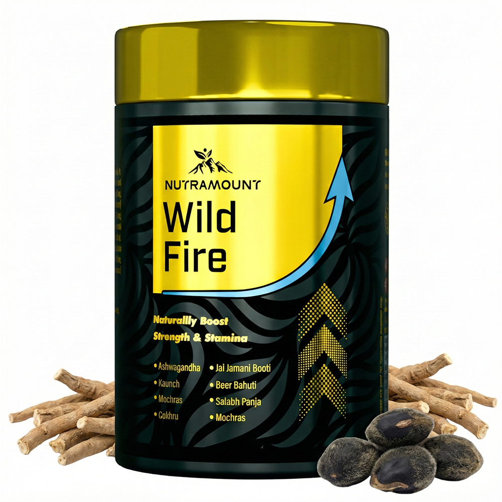 A container of "Nutramount Wild Fire" supplement featuring a gold lid and black label with yellow accents. The packaging highlights a formula for strength and stamina, surrounded by raw herbal roots and seeds.
