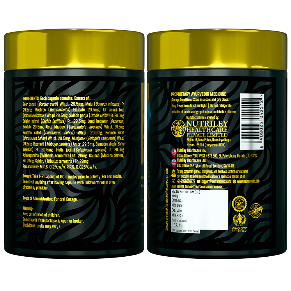 Two views of a Nutramount supplement label displaying the **ingredients list**, dosage, and manufacturer info. The design features a black patterned background with gold text and certifications like **WHO GMP**.