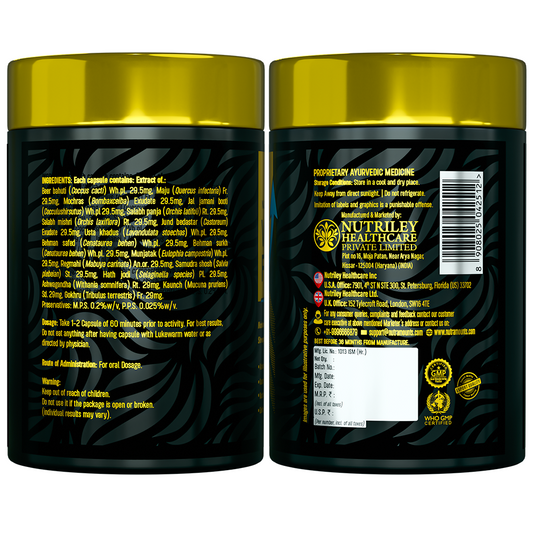 Two views of a Nutramount supplement label displaying the **ingredients list**, dosage, and manufacturer info. The design features a black patterned background with gold text and certifications like **WHO GMP**.