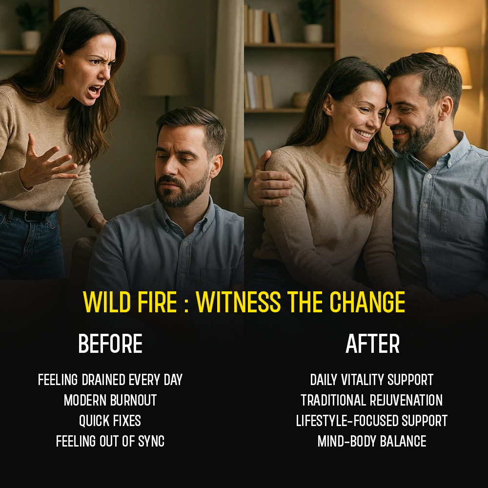 "Before and After" comparison graphic for **Wild Fire**. The left side depicts a couple arguing (Modern Burnout), while the right side shows them happy and embracing (Daily Vitality Support).