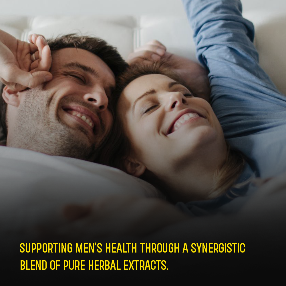 Marketing graphic featuring a smiling couple lying in bed, with yellow text below: "Supporting men's health through a synergistic blend of pure herbal extracts."