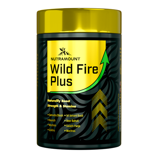Nutramount Wild Fire Plus herbal supplement jar with gold lid, designed to support strength and stamina naturally.
