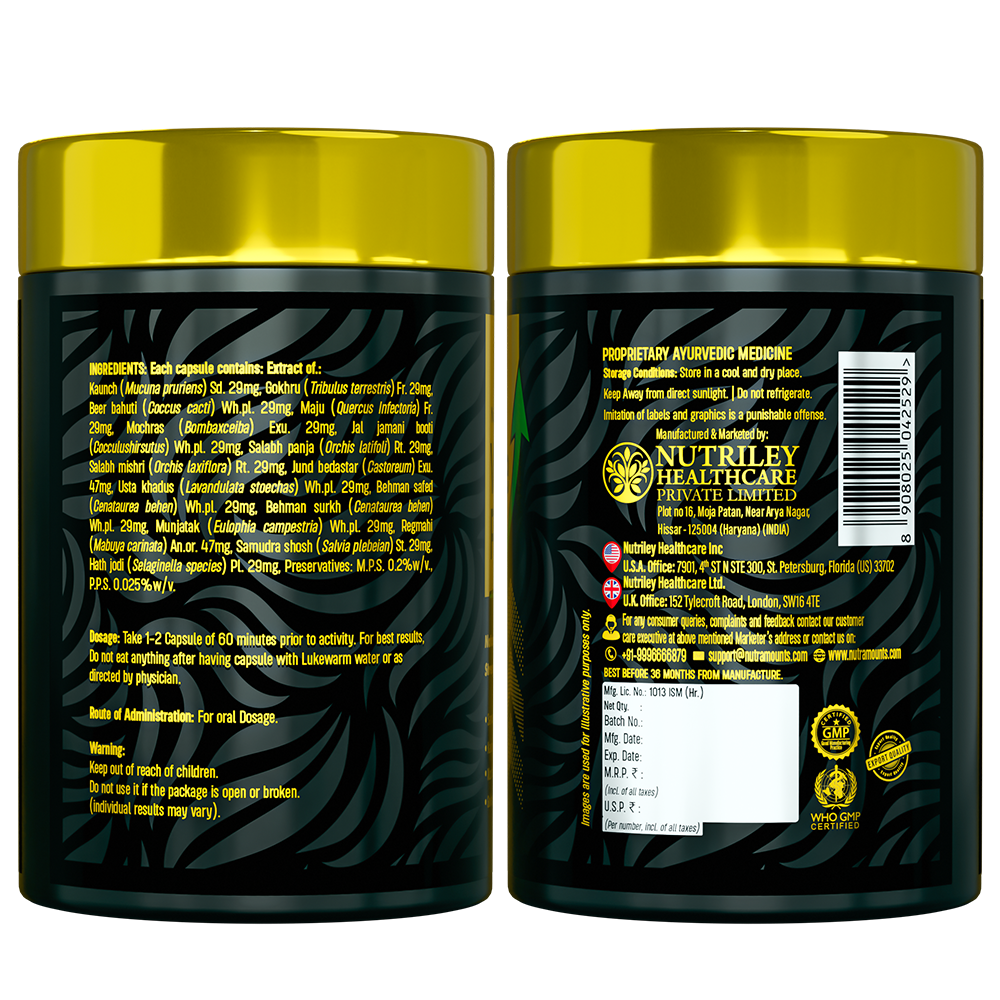 Back and side label view of Nutramount Wild Fire Plus Ayurvedic supplement jar showing ingredients, dosage instructions, and manufacturer details.
