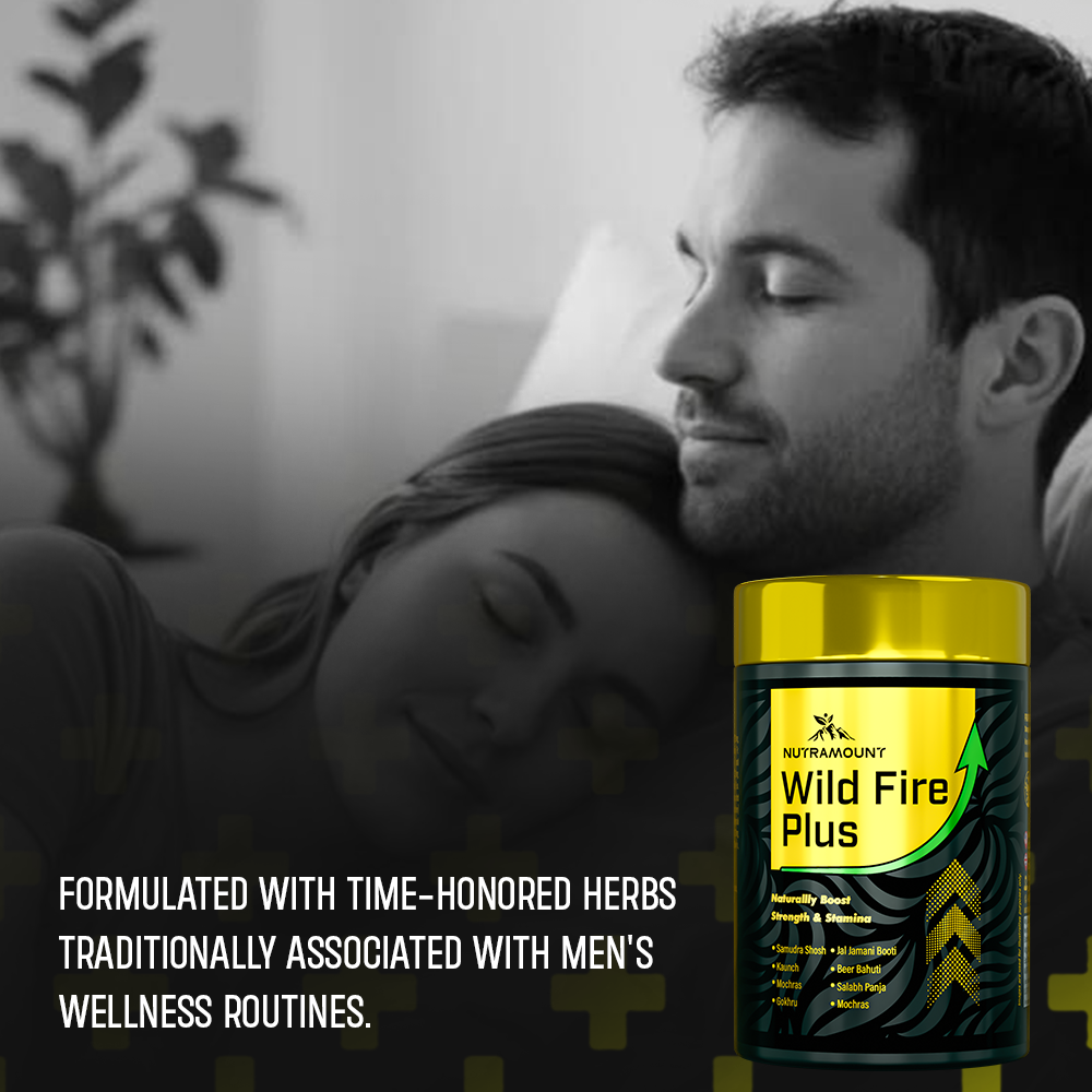 Couple resting peacefully with Nutramount Wild Fire Plus herbal supplement displayed, promoting men’s wellness and traditional herbal support.
