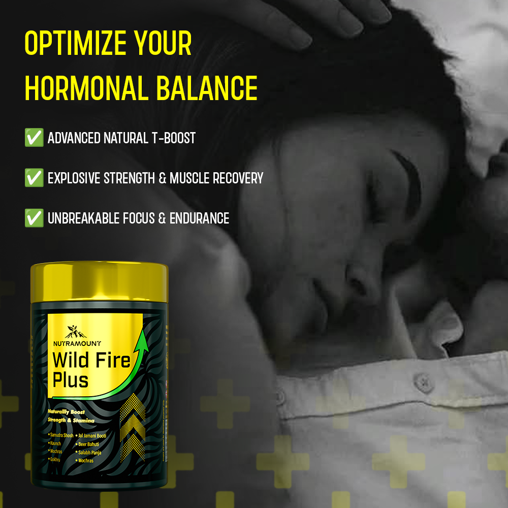 Nutramount Wild Fire Plus supplement ad featuring a couple resting together with text highlighting hormonal balance, strength, recovery, focus, and endurance support.
