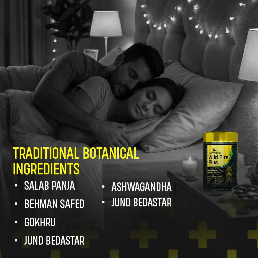 Couple sleeping peacefully in bed beside Nutramount Wild Fire Plus supplement, highlighting traditional botanical ingredients for wellness support.
